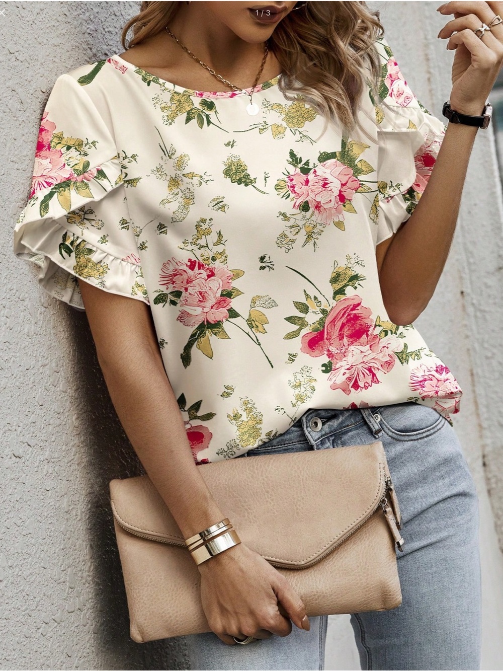 SHEIN Cream Floral Ruffle Sleeve Blouse